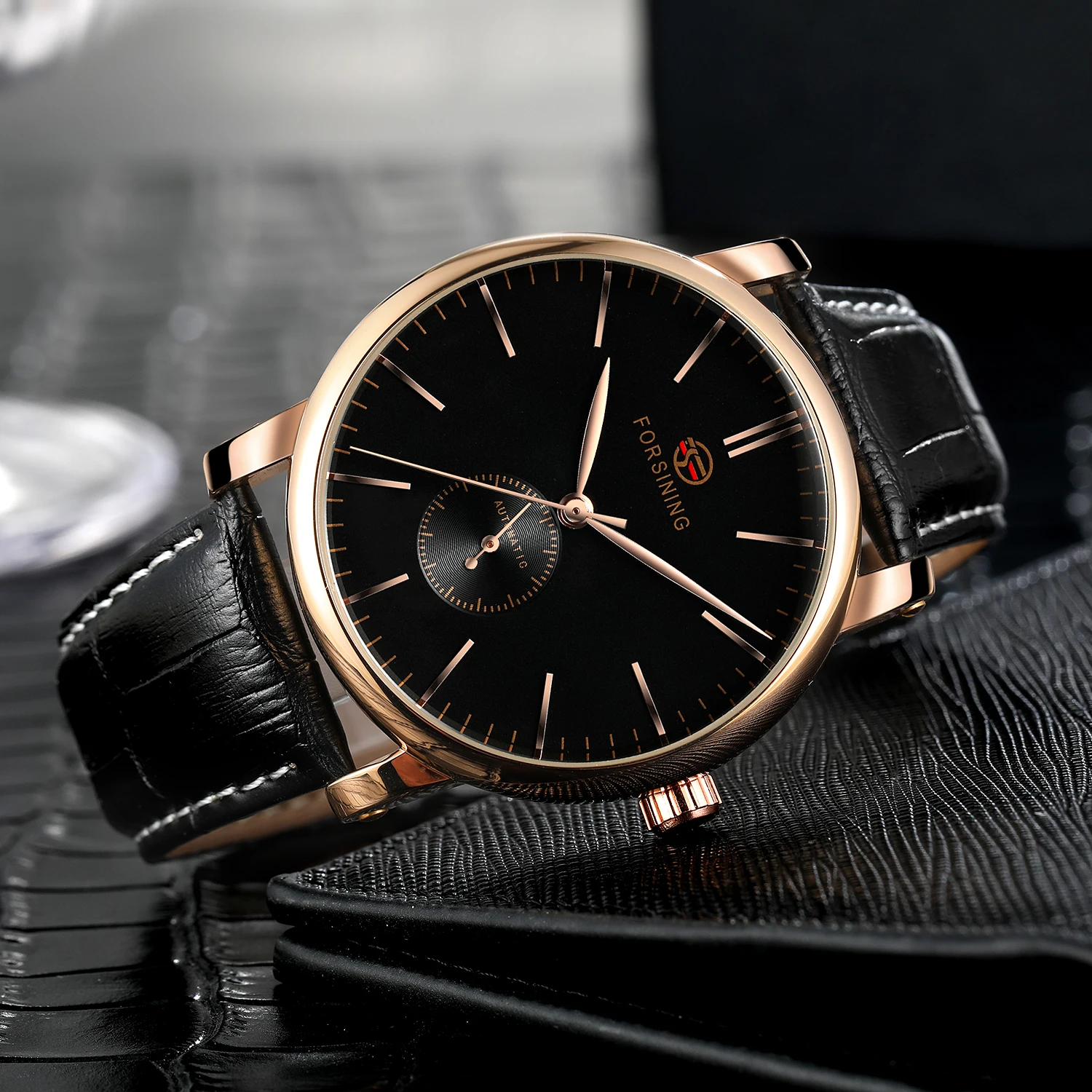 FORSINING mechanical watch European and American contracted wind three needle nail scale mechanical watch belt watch alloy watch
