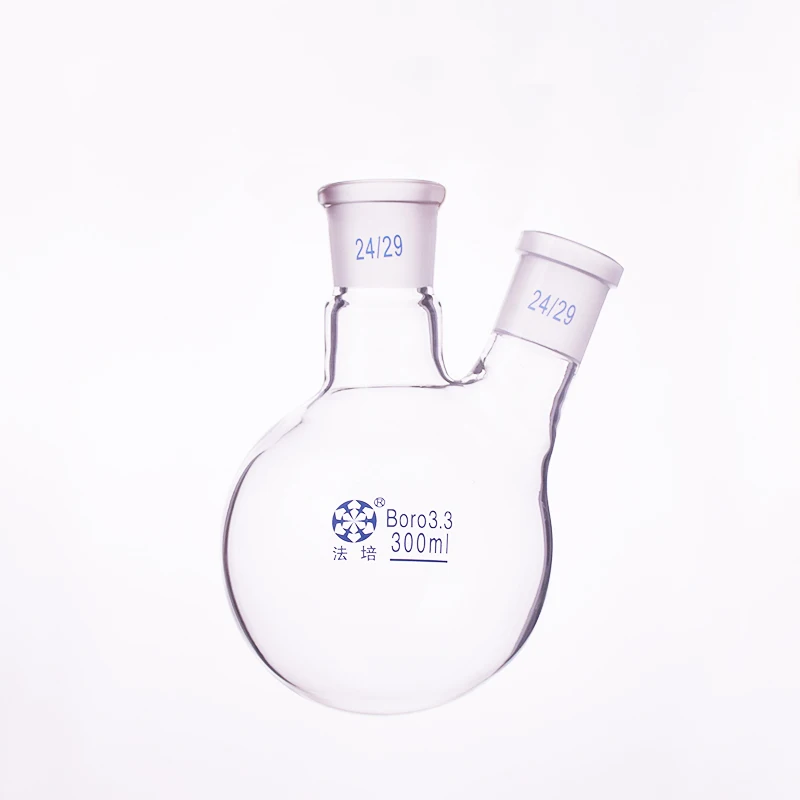 

Two-necked flask oblique shape,with two necks standard grinding mouth,Capacity 300ml,Middle joint 24/29 and lateral joint 24/29