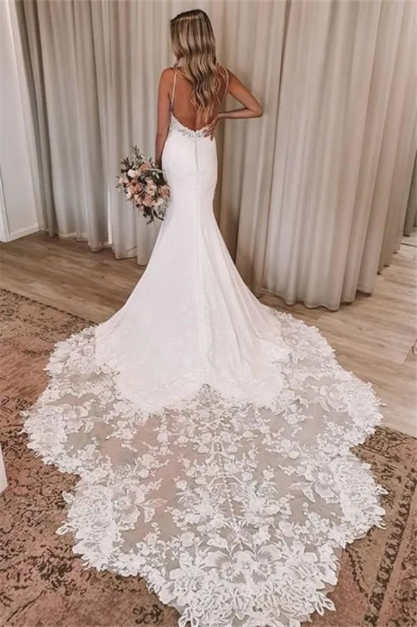 Vestidos de novia largos de sirena sin espalda, tirantes finos, apliques de encaje, vestidos de novia de playa, Verano