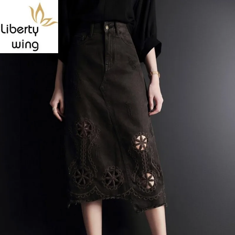 

Elegant Office Lady Long Denim Brand High Waist Vintage Wrap Embroidery Indie Folk Skirt Plus Size 3XL A-Line Jean Skirts