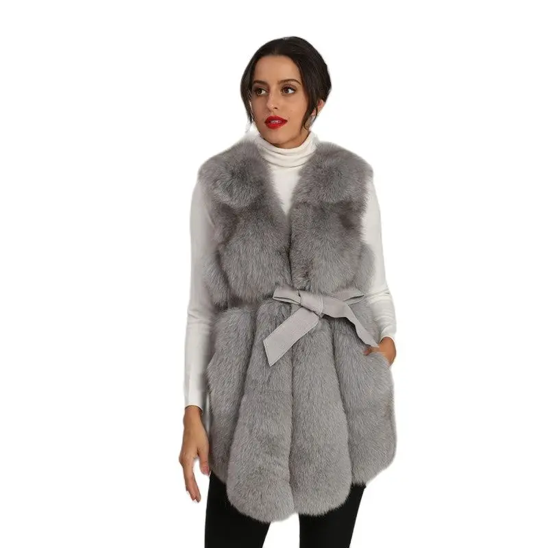 

Light Gray Real Fox Fur Vest For Lady Bow Decoration At The Waist Can Adjustable Size Winter Casual Style Vest Jacket