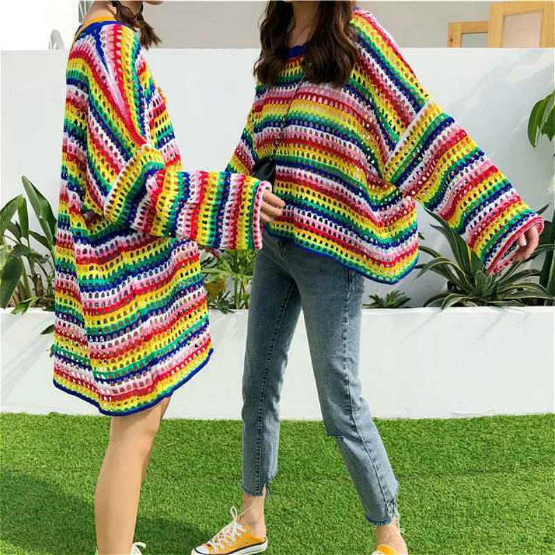 Sweaters Women Chic Rainbow Striped Ulzzang Lovely Trendy Ladies Knitwear Ins Preppy Hollow Out Design Harajuku Friends Sweater