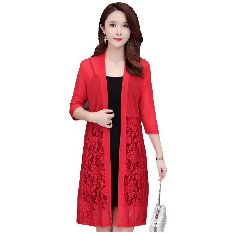 

2020 New Femme Summer Long Jacket Women Cardigan Sunscreen Thin Shawl Lace Mesh Seven Quarter Sleeve Tops Ladies Outerwear