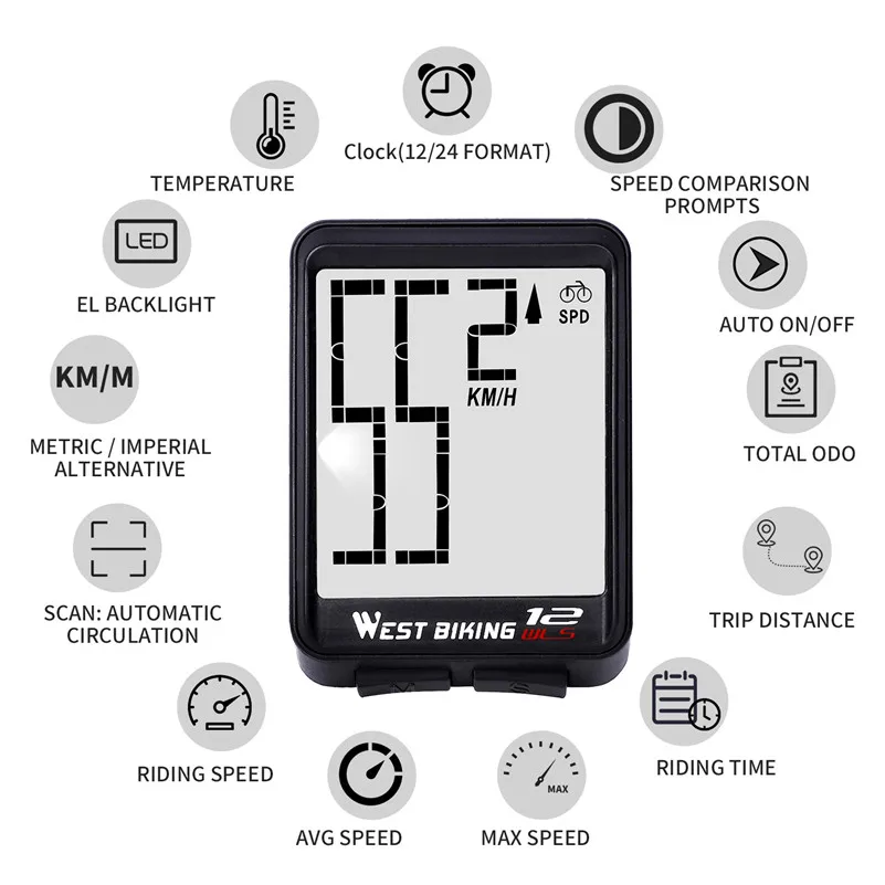 WEST BIKING Large Screen Bicycle Computer Wireless Waterproof Bike Speedometer Stopwatch With Backlight Bike Bicycle Speedometer