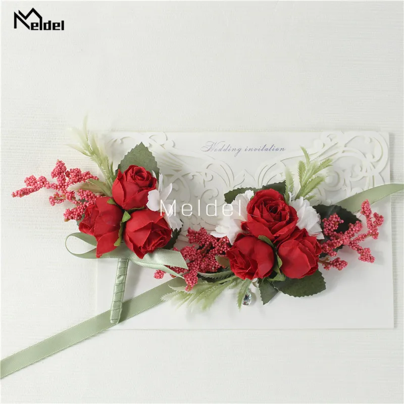 Meldel-Corsage de pulso para casamento, boutonniere masculino, pulseira, alfinetes do noivo, flor de corsage de pulso, rosa vermelha seda