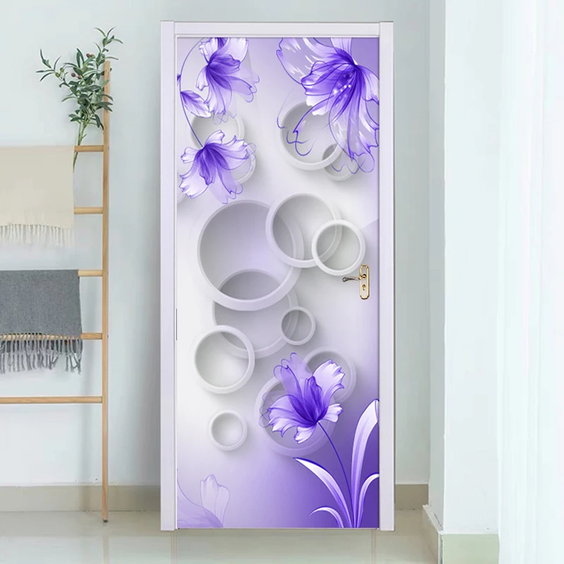 

3D Wallpaper Self Adhesive Door Sticker Mural Removable Vinyl Home Decor Art Decal Purple Flowers Abstract Circle Poster Sticker