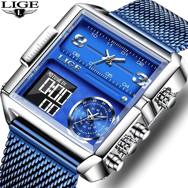 

LIGE Watch Man Top Brand Luxury Square Sport Quartz Analog Wristwatch for Men Waterproof Military Digital Watches Creative Watc