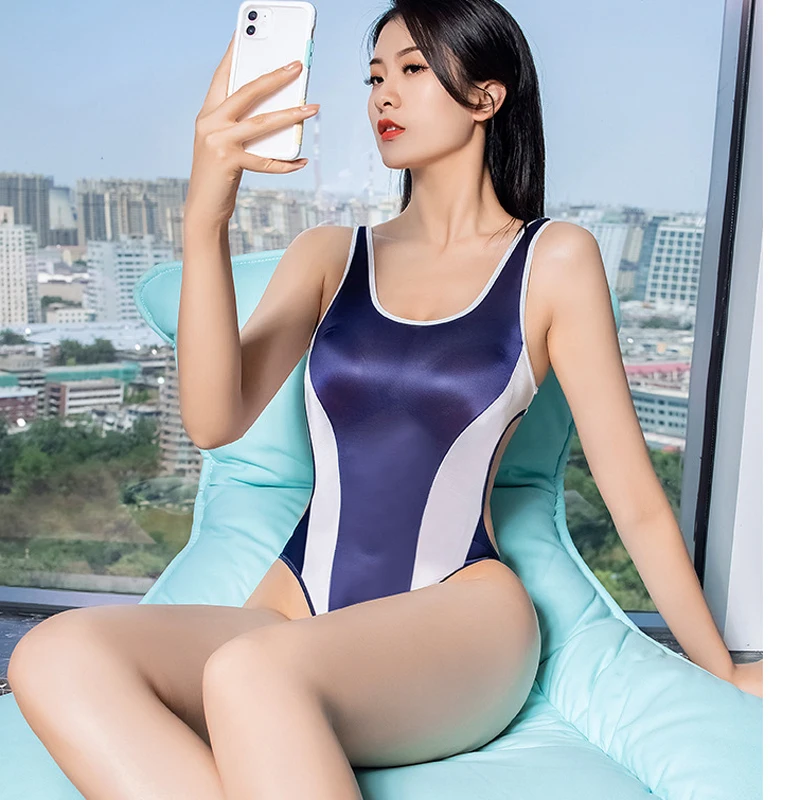 Japanese Satin Glossy Leotards One Piece Swimsuit See Through Sexy High-Cut Patchwork Bikini Thong Bodysuit Women Shiny Bathing