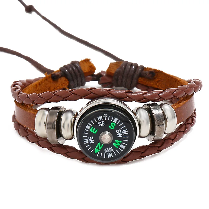 2023 New Style Adjustable Compass Bracelet, Outdoor Essential Trend Multilayer Bracelet Men Fashion Braided Leather Bracelets