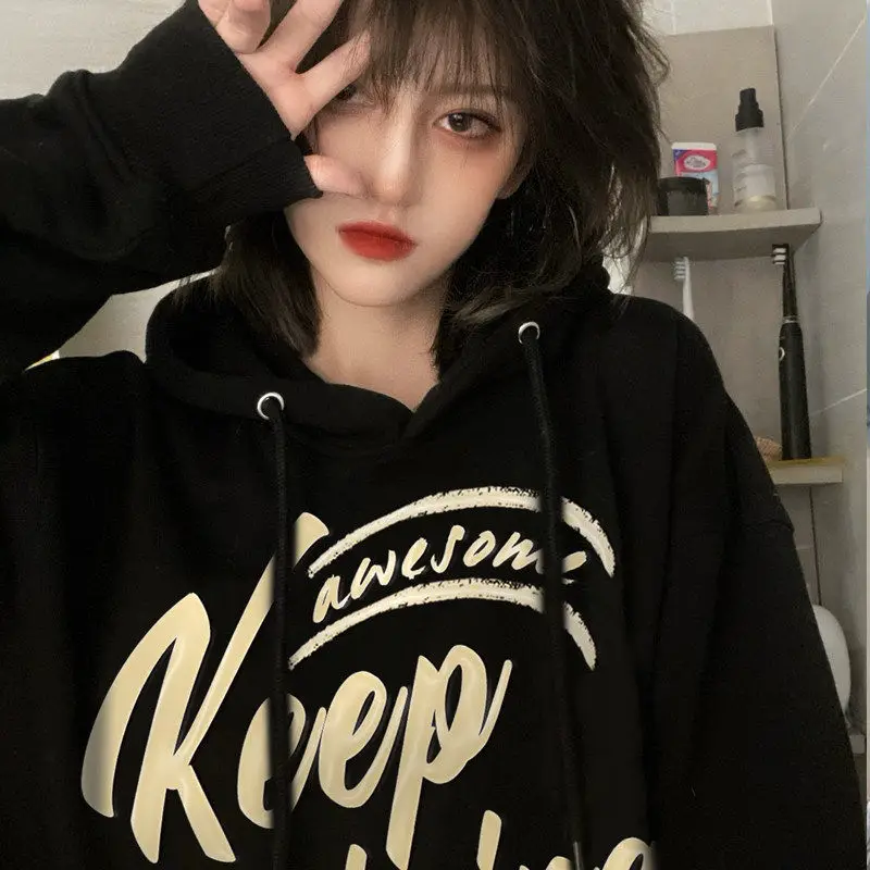 

Plush thickened pure cotton black sweater women's fashion ins autumn and winter no pilling loose and lazy 2021 new clothes