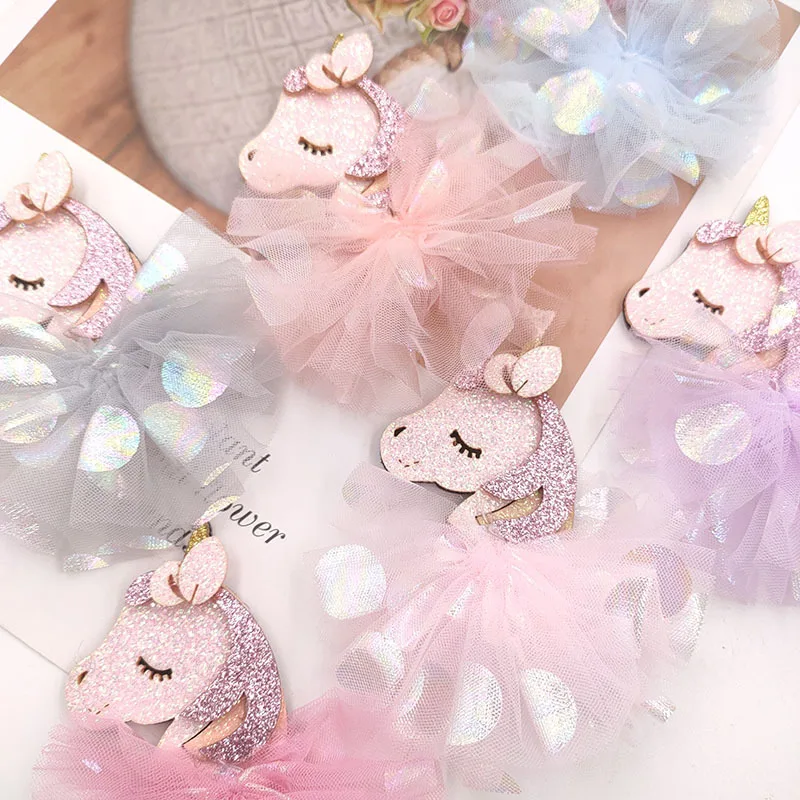 5Pcs/lot 9cm Beauty unicorn mesh gauze skirt  Appliques for DIY Hat Clothes Leggings Sewing Supplies Headwear Decor Patches