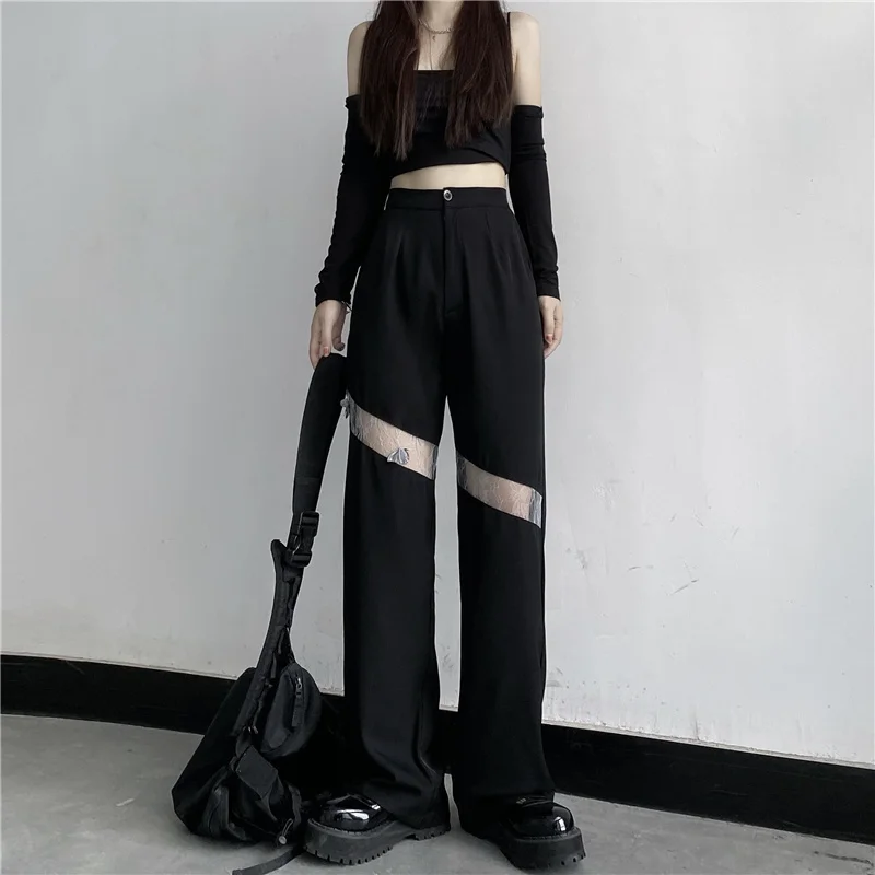 Korean Harajuku Casual Loose Pants High Waist Butterfly Lace Hollow Out Design Trouser Overalls Black Loose Wide Leg Pants