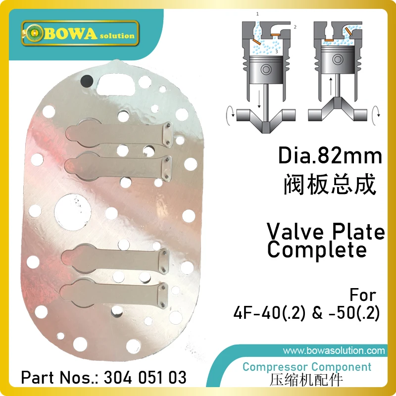 

Dia.82mm valve plate complete is designed for 25m3/h displacement cylinder of coolant compressor, repairing 6F40.2 and 6F50.2Y