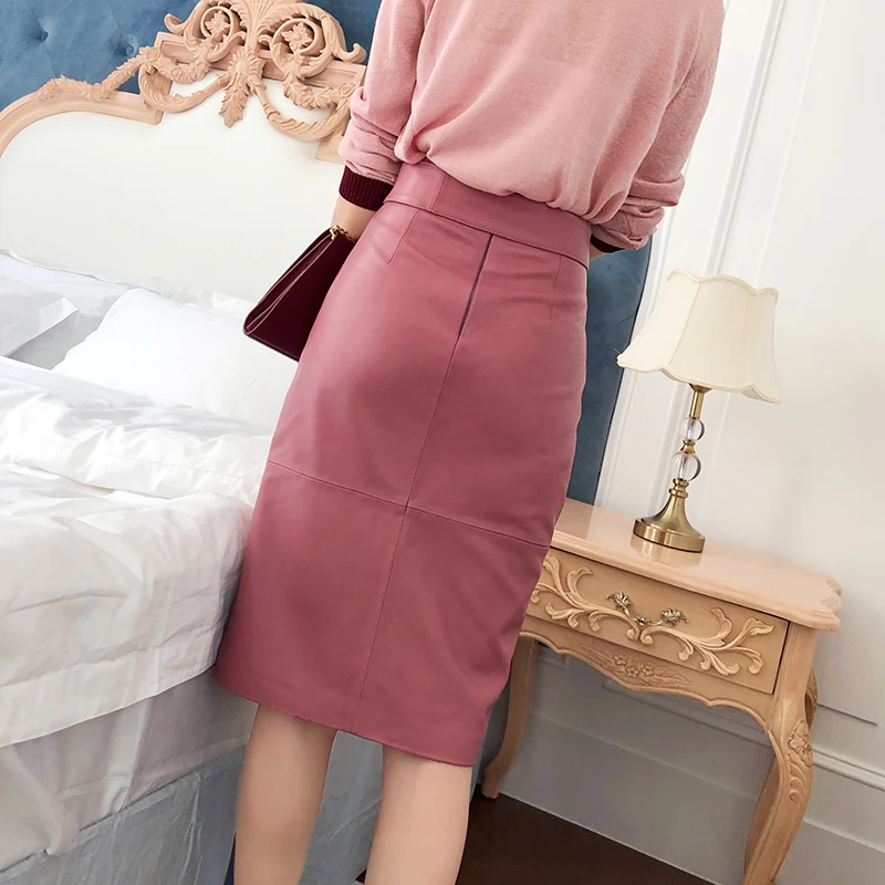 RYS9325 Winter Women Genuine Leather 65cm Long Wrap Skirt Female Ring Belt High Waist Faldas Mujer Front Slit OL Sexy Pink Jupe