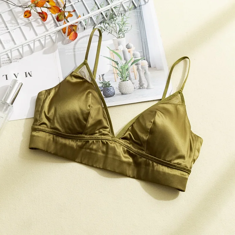 Women's 95% Real Silk 5% Spandax Lining with outside satin fabric everyday Comfortable Wireless Bra Bralette 2023