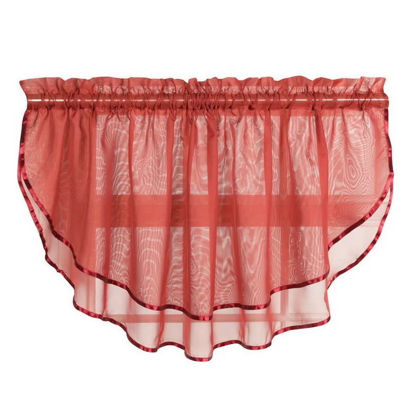 Grey Red Rod Pocket Sheer Tulle Valances Curtain For Kitchen Solid Scalloped Valance  Tie Windows Bathroom Cafe Short Curtains