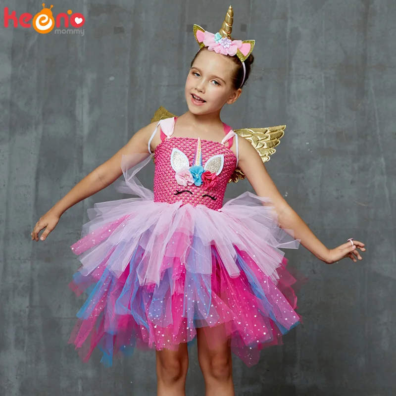 Glittery Unicorn Princess Pageant Flower Girl Tutu Dress Kids Party Costume with Headband and Wings Halloween Cosplay Girl Dress