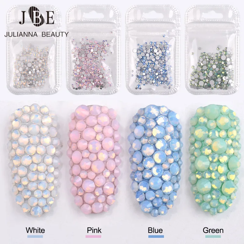 

Новинка, 4 цвета, стеклянные украшения для ногтей, смешанный размер, плоская задняя часть, украшение для ногтей, со стразами, блестящие SS4-SS20, опал, камни для дизайна ногтей, шпильки