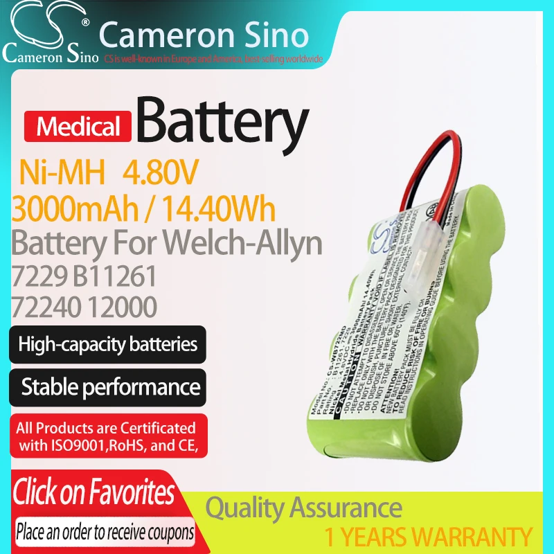 CameronSino Battery for Welch-Allyn 72240 12000 fits 7229 B11261 Medical Replacement battery 3000mAh/14.40Wh 4.80V Ni-MH Green