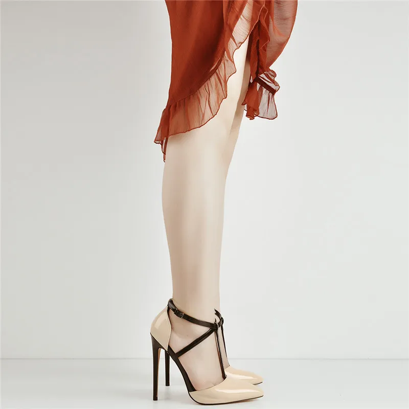 Onlymaker Women Pointed Toe T-Strap Stiletto 12cm High Heel Pumps Plus Size Elegant Ladies Summer Shoes