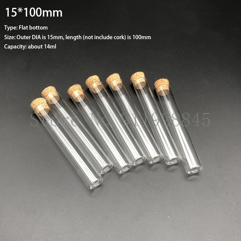15x100mm Lab 10pcs/20pcs/50pcs/100pcs Thick Glass Test Tube with Flat bottom and Cork Stoppers For School Supplies