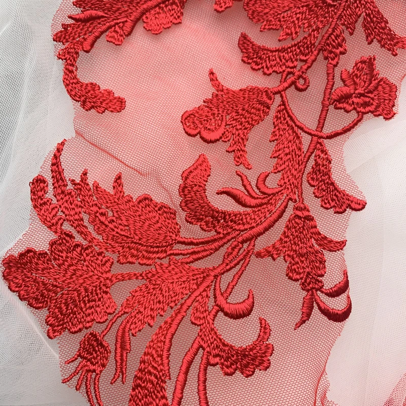 Spitzenapplikation für Hochzeiten, Schwarz und Rot, Elfenbeinfarbener Rayon, Baumwollfaden, Spiegelblumen, RS2736 – Detail 8