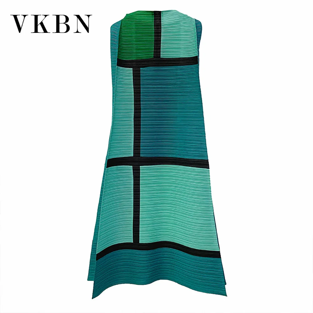 

VKBN-Slash Neck Dress for Women, Pleated Fabric, Casual Sleeveless, Patchwork Color, Elegant Party Dress