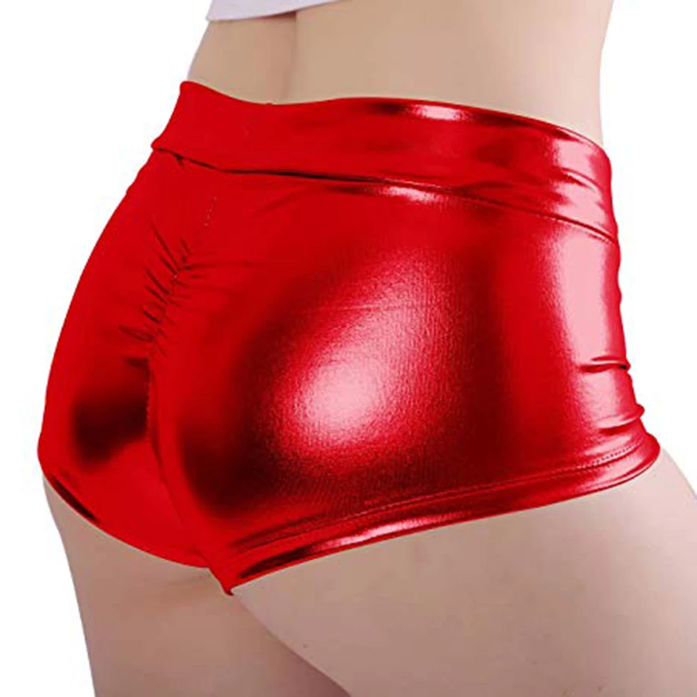 Speerise Fashion Womens Shiny Metallic Sexy Shorts Dance Nylon Spandex Gold Shorts for Women Fitness Low-waisted Skinny Shorts