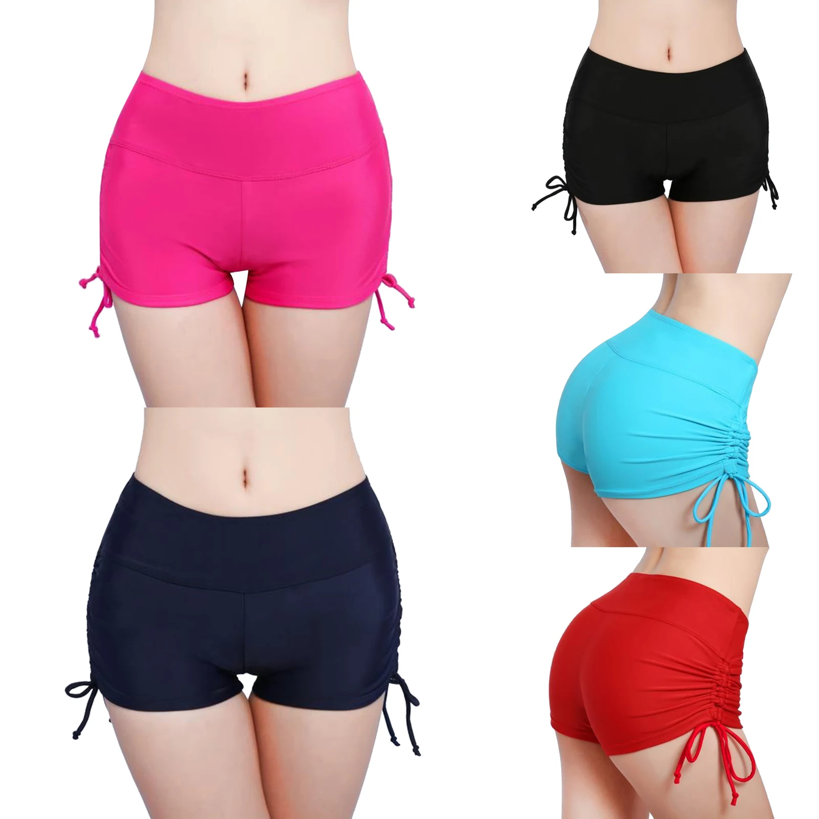 Women’s Swim Shorts, High Waist Sides Drawstring Stretch Sports Boyshorts Bathing Suit Tankini Bottoms