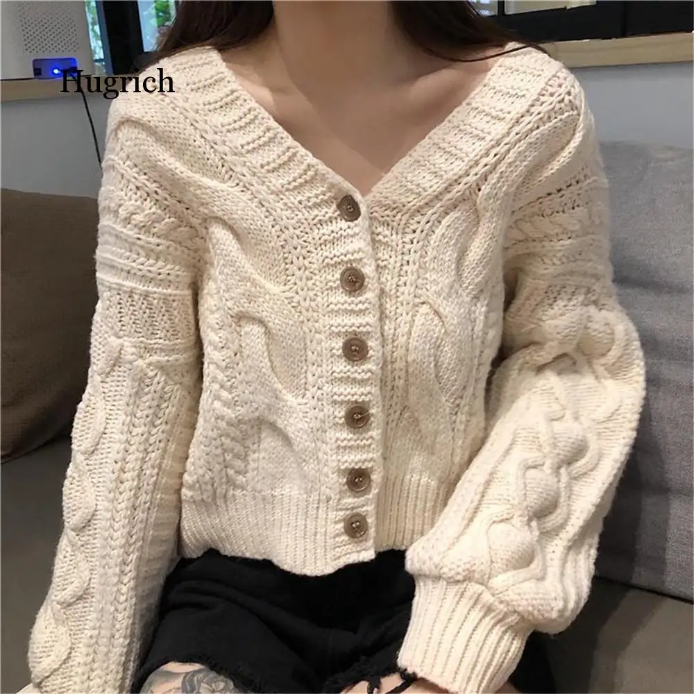 Women Sweater Spring Autumn V-Neck Long Sleeve Black Short Knitted Jacket Solid Simple Warm Cardigan Femme  Jumper
