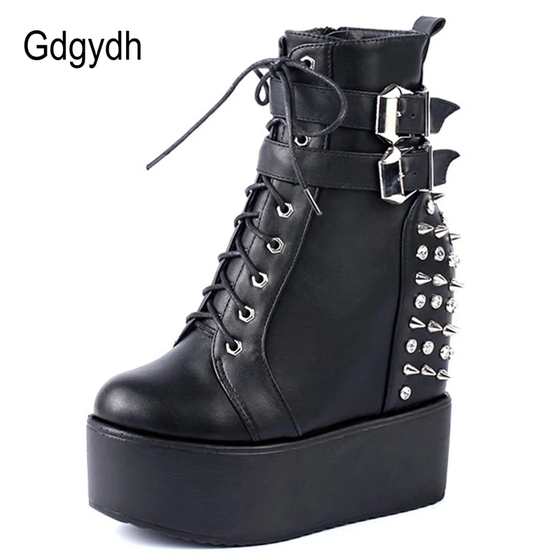 Gdgydh 2022 Round Toe Metal Rivets Ankel Boots For Women Black White Gothic Female Shoes Drop Shipping Wedges High Heels Shoes