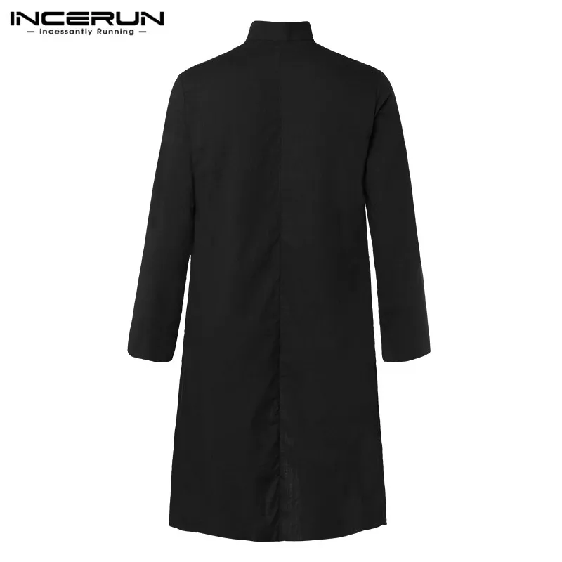 INCERUN Vintage Stand Collar Shirts Mens Long Sleeve Buttons Islamic Blouse Casual Solid Color Long Style Muslim Clothing S-5XL