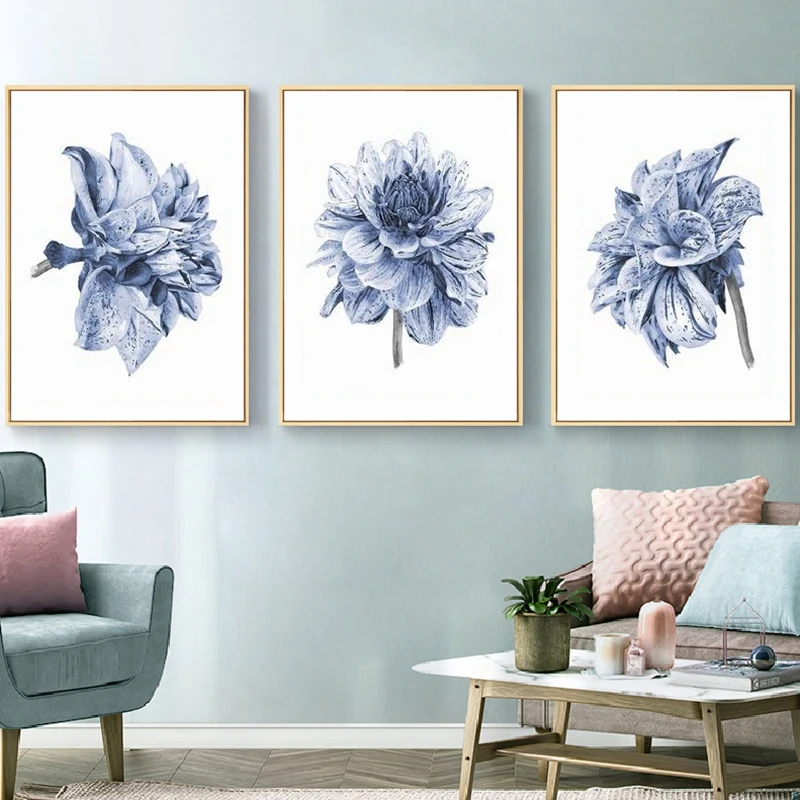 Water color painting farmhouse bedroom wall decoration boho dahlia flower canvas art posters and prints navy blue wall art pictu