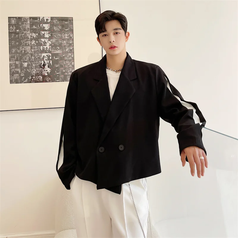 Men's Loose Short Suit Autumn Fashion Large Size Fashion Personalized Sleeve Color Contrast Design Korean Suit Casual Coat