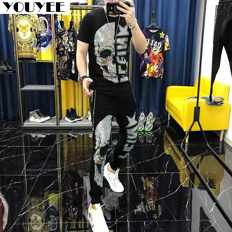 Men\'s Skull Diamond Trousers Fashion Handsome Leisure Male Casual Pants Heavy Process Hip-Hop Streewear Black Sportpant Clothes