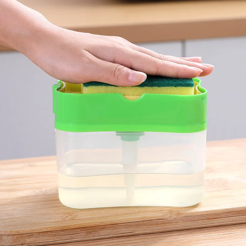 Dispenser deterjen cair penggosok, perlengkapan dapur kamar mandi, kotak sabun cair tipe-tekan 2 dalam 1