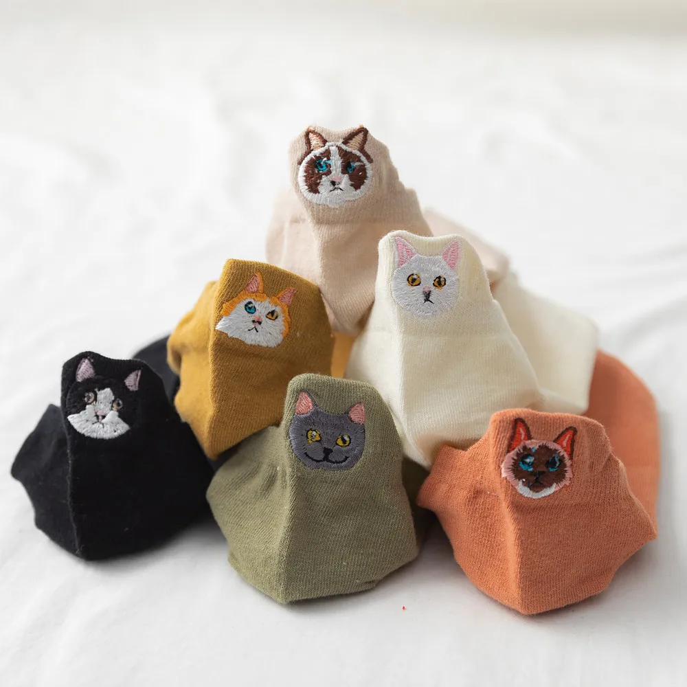 

Women Cotton Summer 1 Pair Candy Color Cute Sock Mujer Embroidered Cat Women Socks Happy Funny Soks Kawaii Fashion Ankle Socks