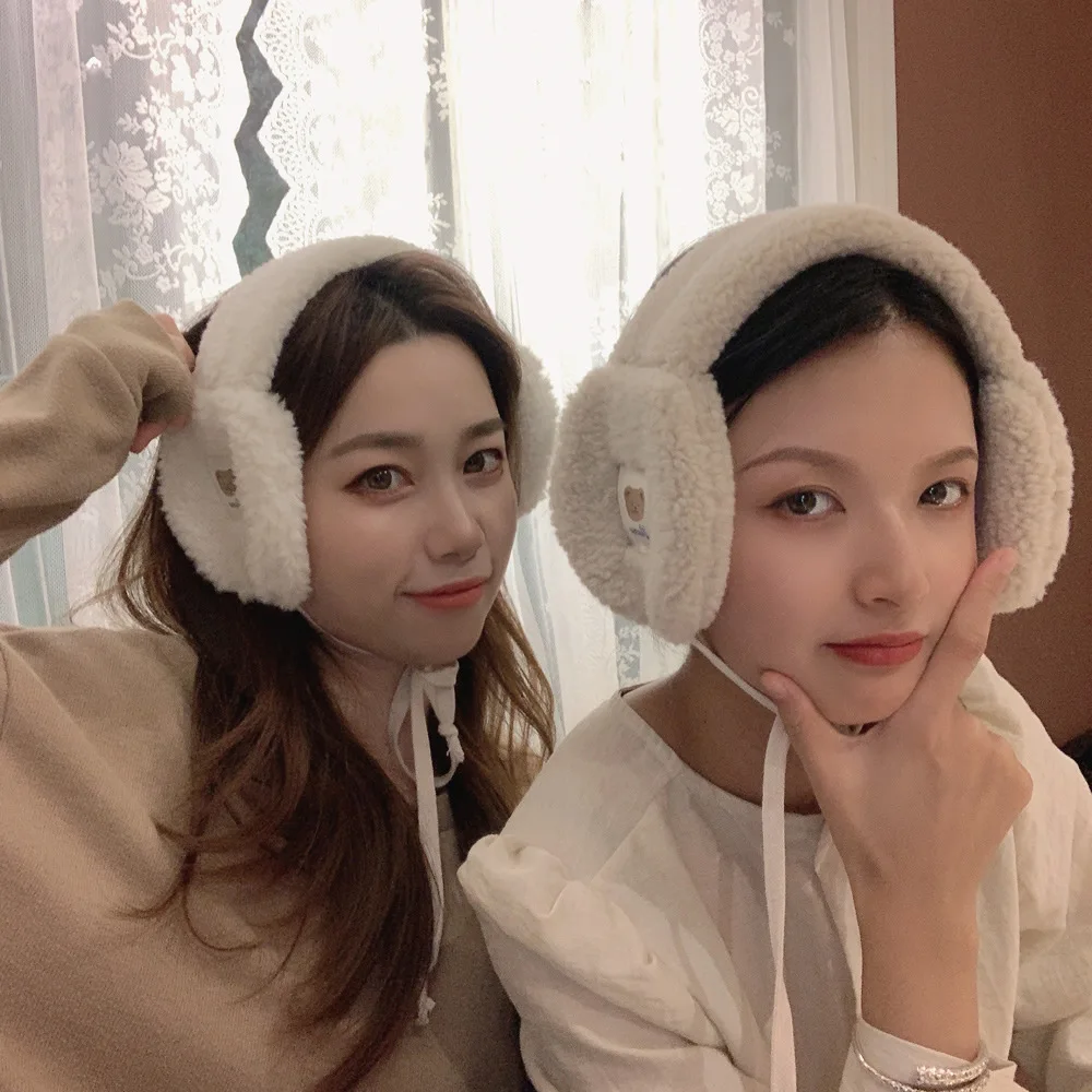 2021 New Fashion Korea Women Winter Warm Plush Earmuff Ear Warmer Cute Bear Adults Kids Tie Plush Earmuffs Orejeras De Invierno