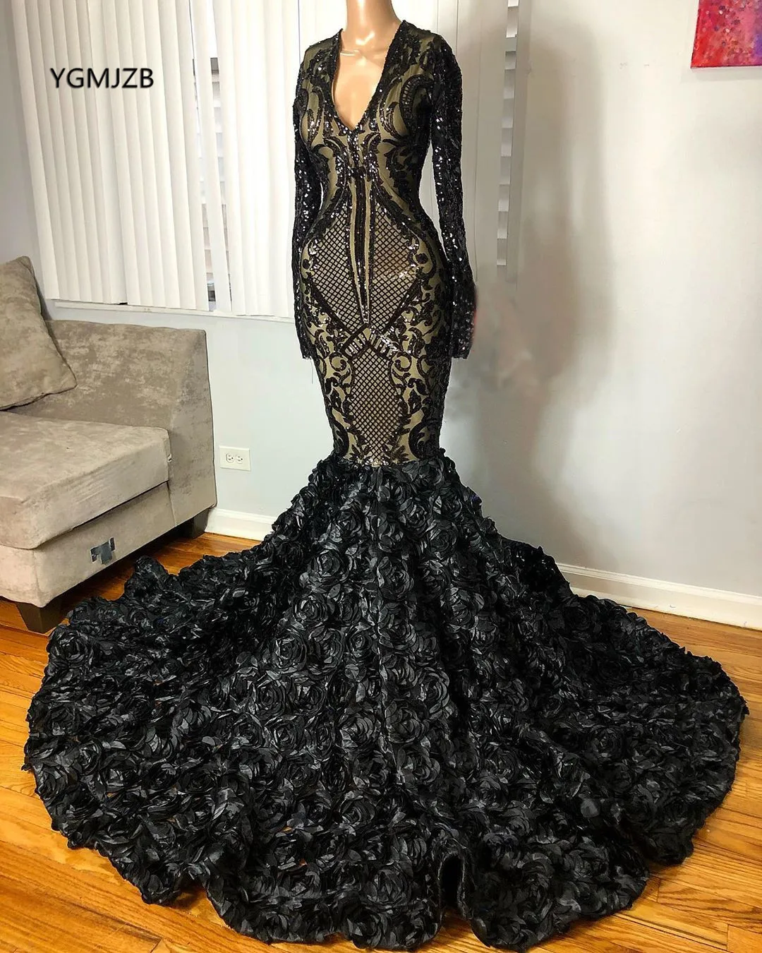 Vestidos negros de manga larga para graduación, vestido de sirena con cuello en V, lentejuelas brillantes 3D, flores africanas, Formal, de noche, 2020