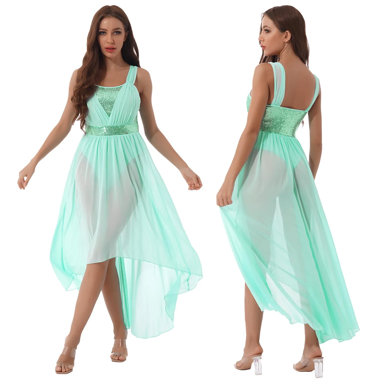 Vestido de gasa transparente con lentejuelas sin mangas para mujer, traje de actuación de baile lírico de Ballet, dobladillo Irregular, leotardo Maxi, Ropa de baile