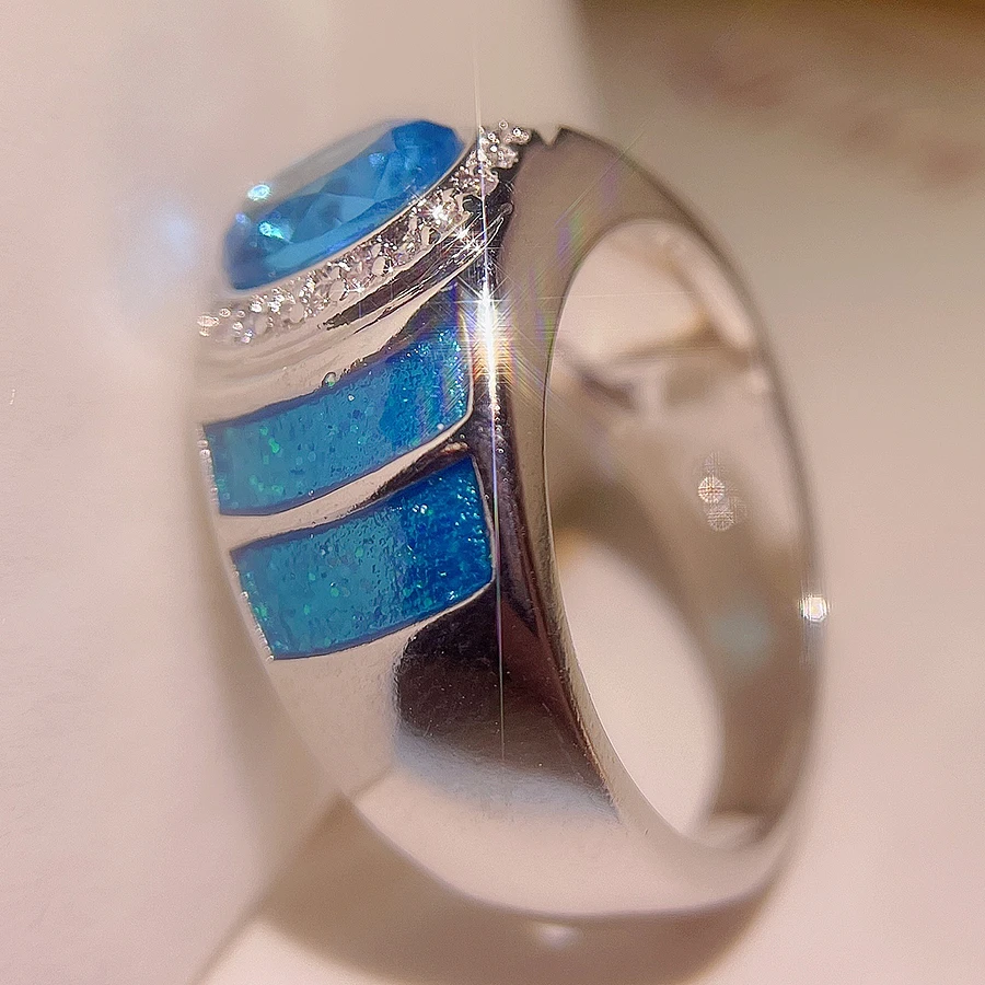 Luxury S925 Oval Ring Zircon Blue Stone Engagement Wedding Band Plata Filled Jewelry For Women Men Wholesale Drop Shipping
