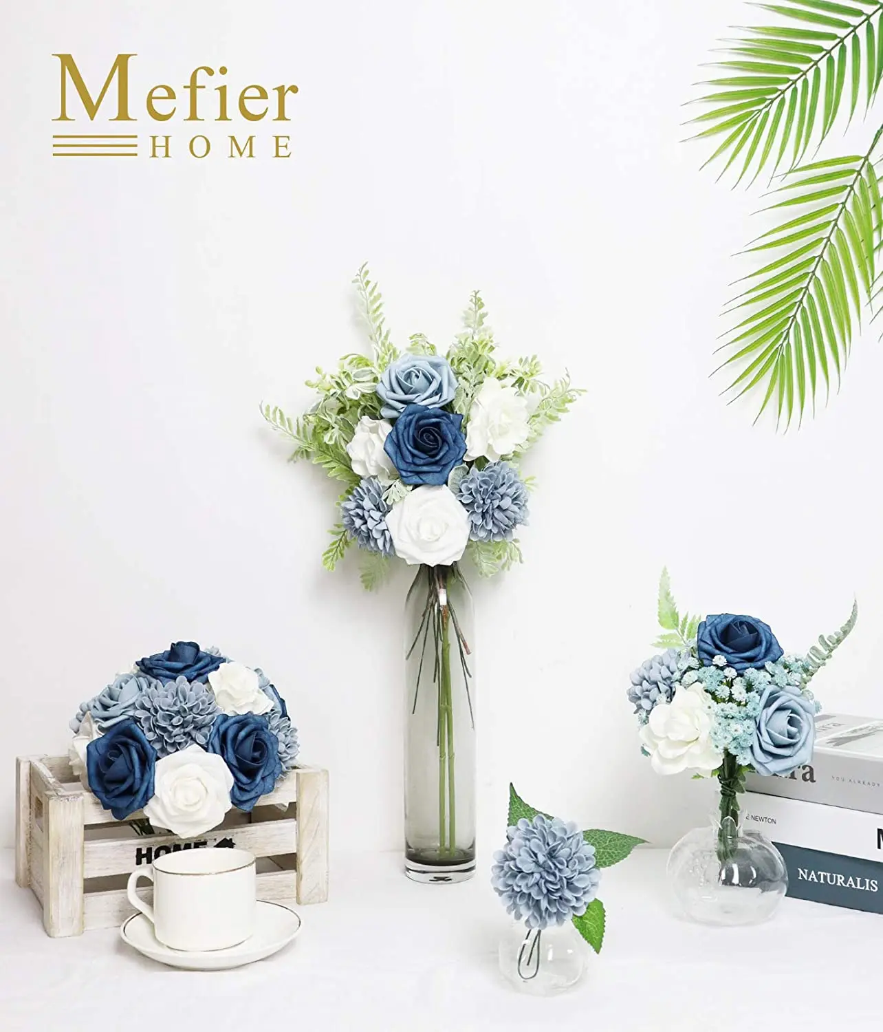 Mefier Artificial Flowers Rose Combo Delicate Elegant Dusty Blue Fake Foam Flowers w/Stem for Wedding Party Home Decorations