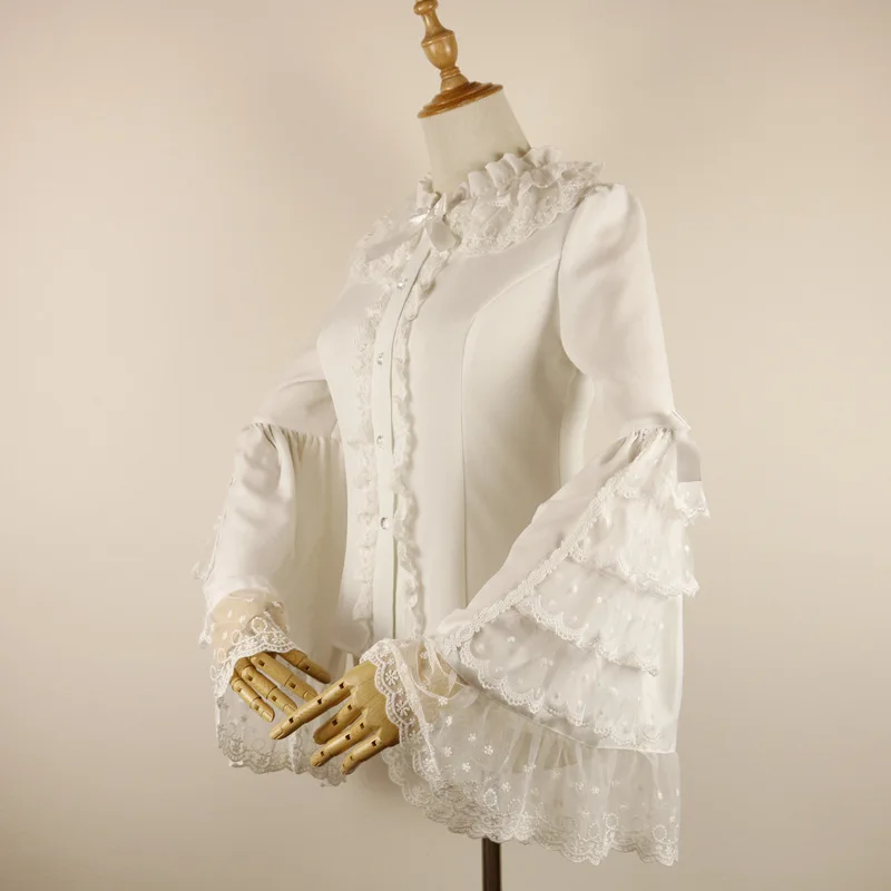 White Lace&Chiffon Ruffle Neck Flare Sleeve Sweet Lolita Blouse Victorian Steampunk Top Gothic Clothes Vintage Blouses For Women