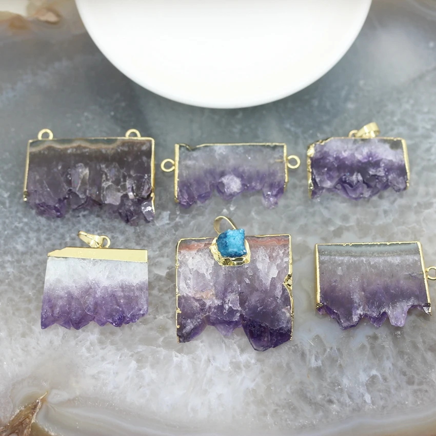 

5pcs,6Style Choice Amethysts Geode Slab Pendants,Plated Gold Edged Quartz Druzy Drusy Slice Necklace Charms Jewelry Wholesales