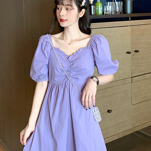 

Aesthetic Summer Light Dress Vintage Korean Robe Loose Women's Dresses Midi Bodycon Fashion Tunics Puff Sleeve Casual Elegant