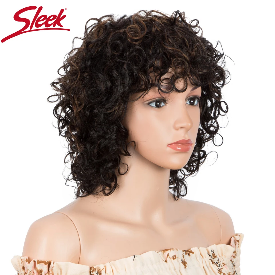 Perucas de cabelo humano elegantes para homens e mulheres, cabelo brasileiro remy, peruca encaracolada, perucas de onda de água, curl with bangs