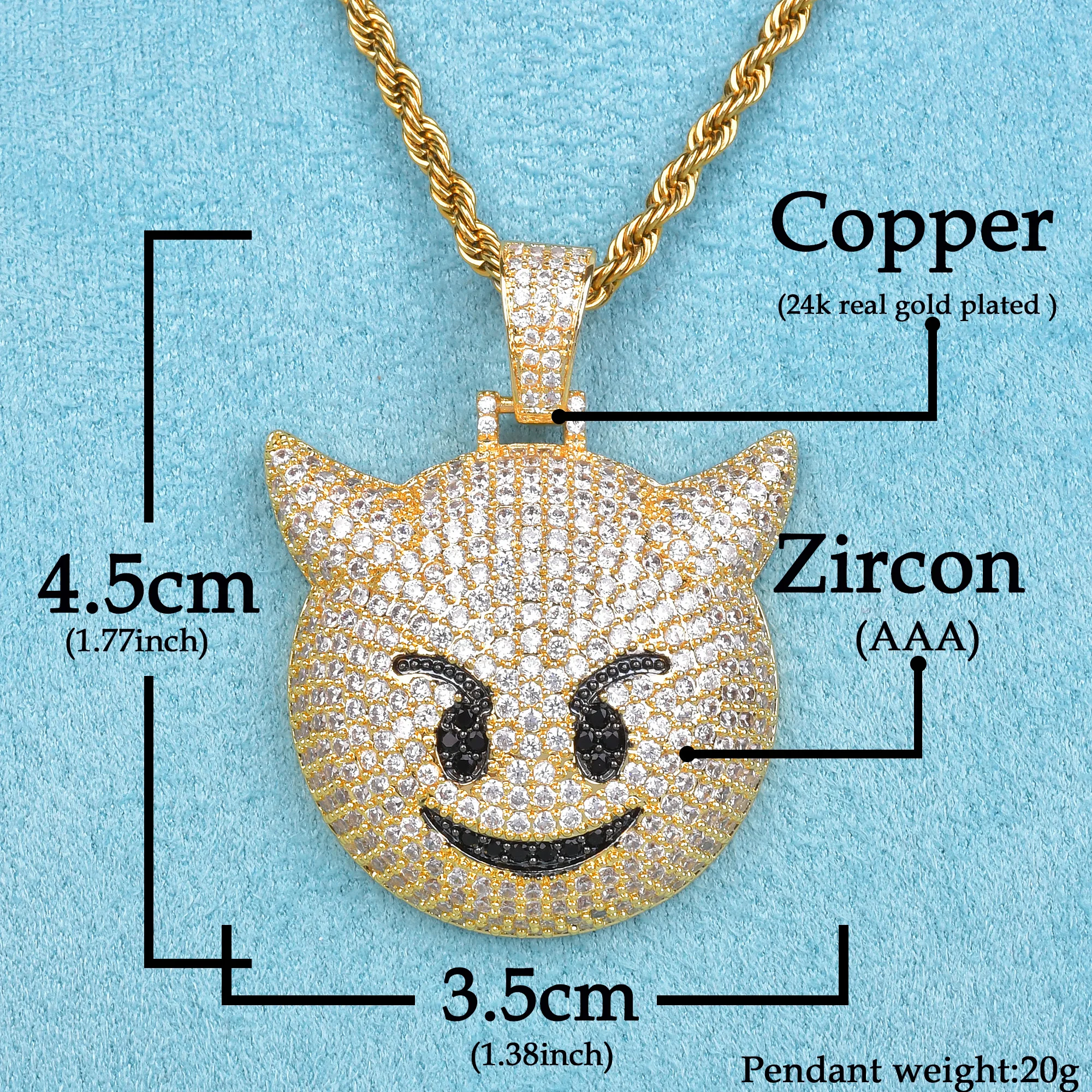 Demon Necklace & Pendant 4mm Tennis Chain Gold Color Bling Zircon Fashion Hip Hop Rock Evil Expression Street Jewelry