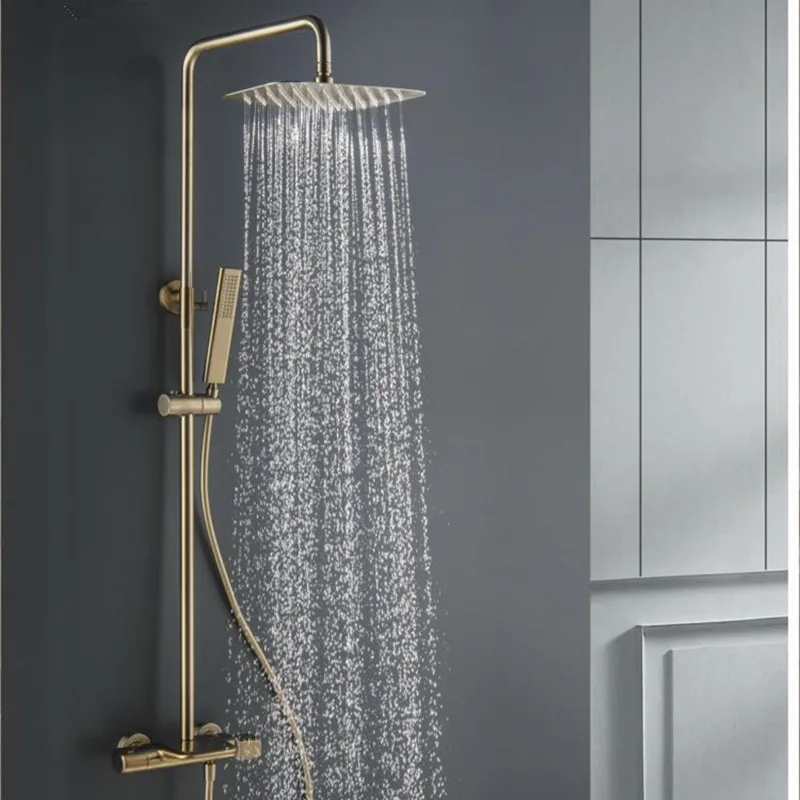 Brass Thermostatic Brushed gold waterfall shower set Bathroom  mixer Tap luxury  Bath & Shower Faucet Wall Mount