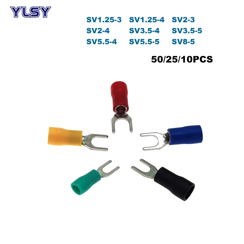 

50/25/10Pcs Spade Insulated Crimp Terminals Electric Lug Wire Cable Connector SV1.25~SV8 Furcate Ferrules 22-8AWG 0.5-10mm2