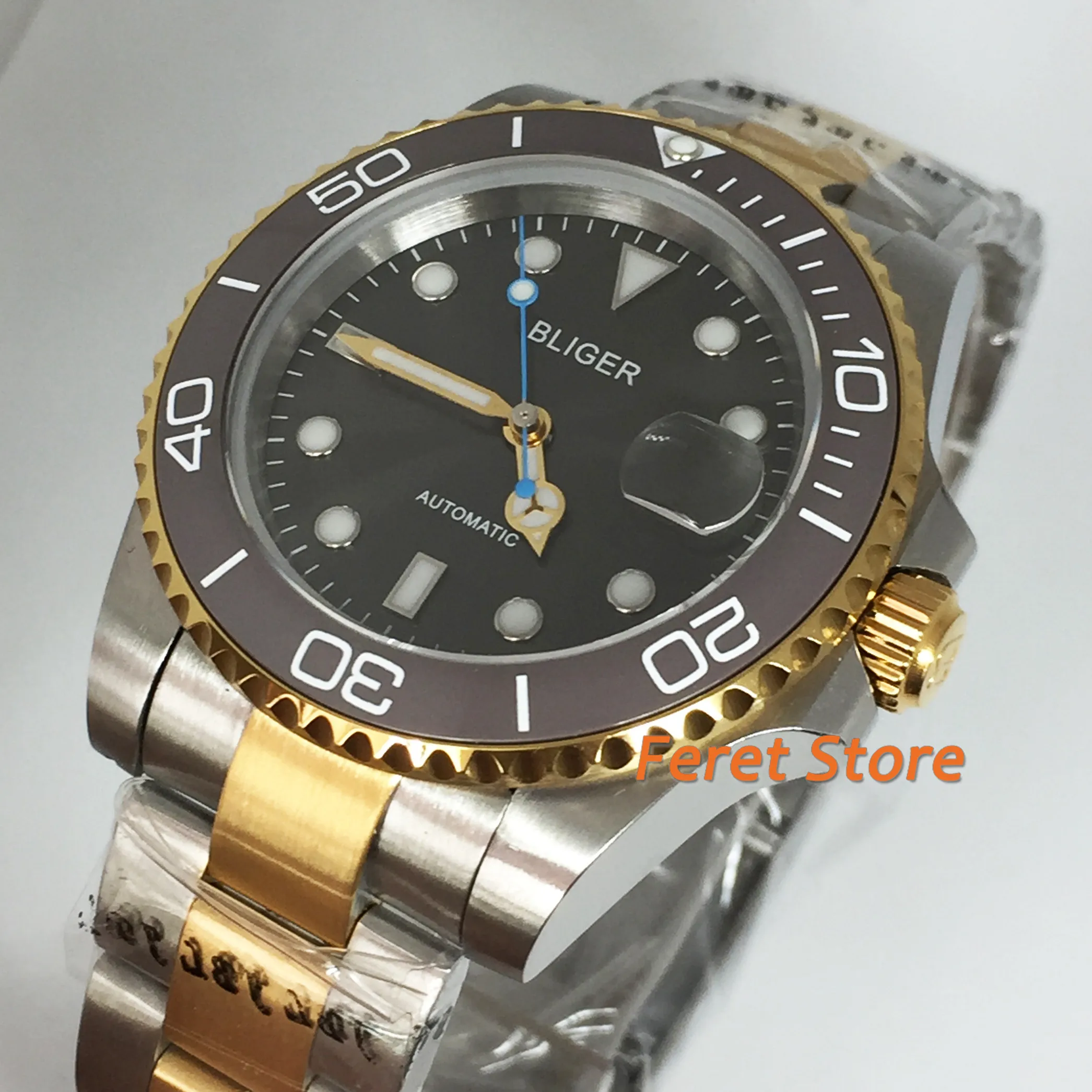 

Bliger 40mm New Men's Top Mechanical Watch Sapphire Glass Ceramic Bezel Grey Dial Luminous Waterproof Automatic Watch